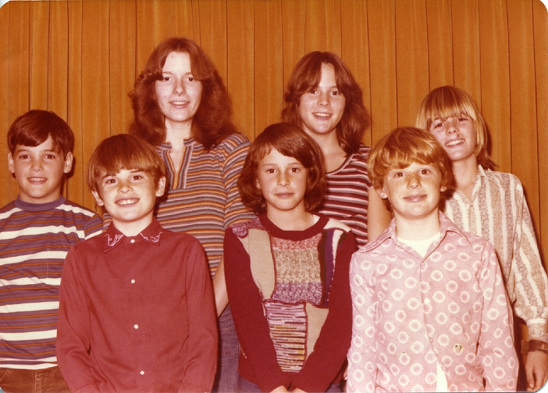 1970s Modesto - The cousins - Mike, Mark, Michelle, Angie, Lisa, Brian, and Adam.jpg